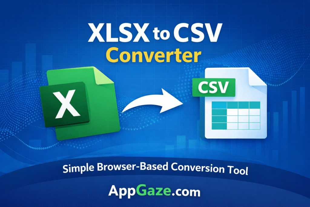 xlsx to csv convertor showing Excel XLSX file converting into CSV format using a browser-based tool by AppGaze.com
